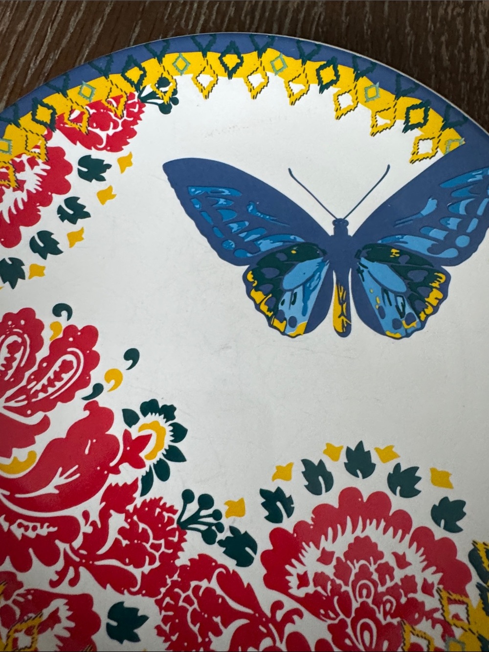 Tag Butterfly Floral Ceramic White Dessert Plates with Blue, Red, Yellow Prints - Picture 6 of 7